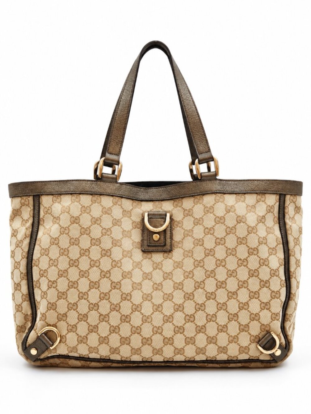 Gucci Abbey D-Ring GG Canvas Tote Bag Brown Beige Leather Trim